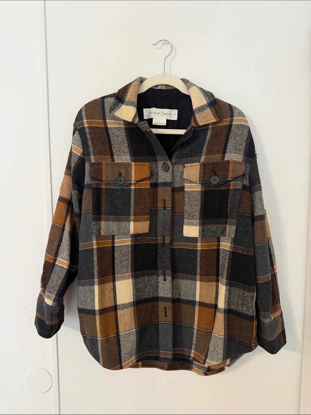 Treasure & Bond by Nordstrom Plaid Flannel Shacket Brown Black S